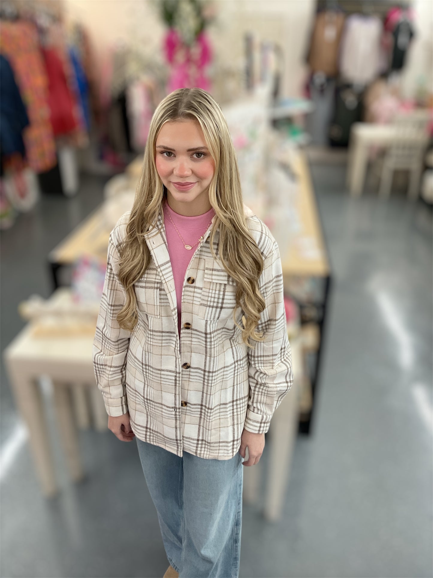 Cream Plaid Button Shacket