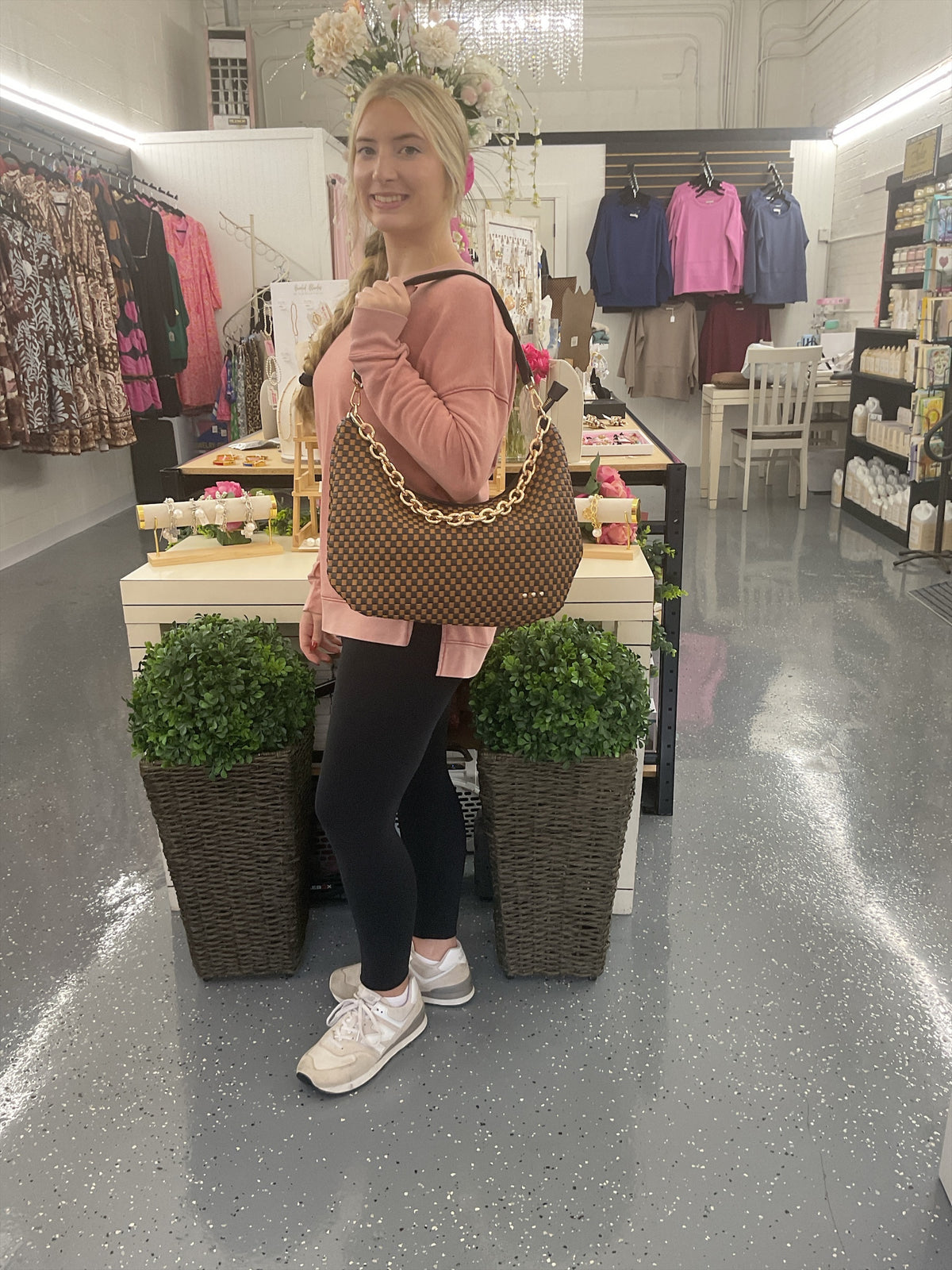 Sienna Slouchy Woven Shoulder Bag Checkered Coffee