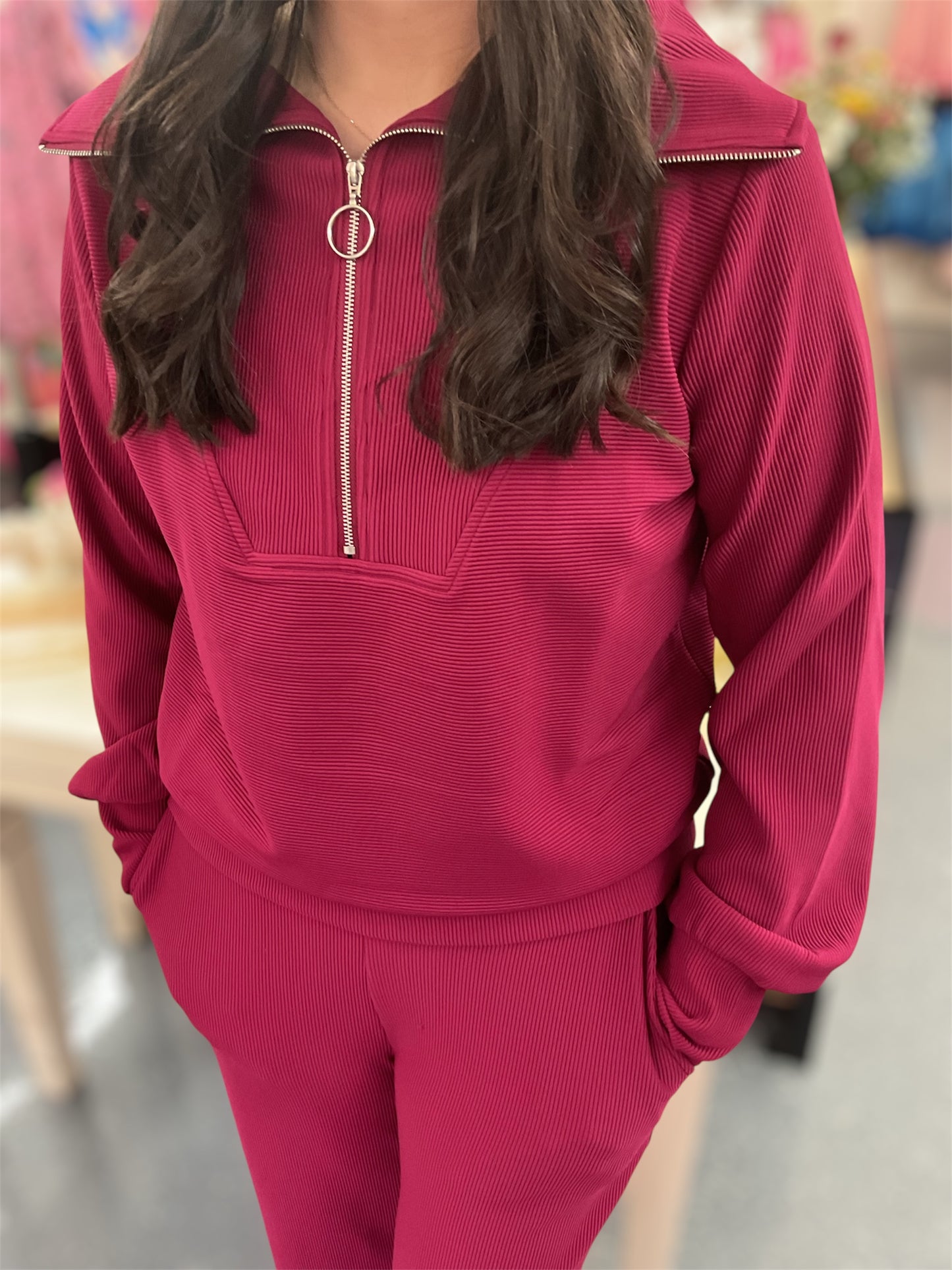 Burgundy Ribbed Zip Up Set