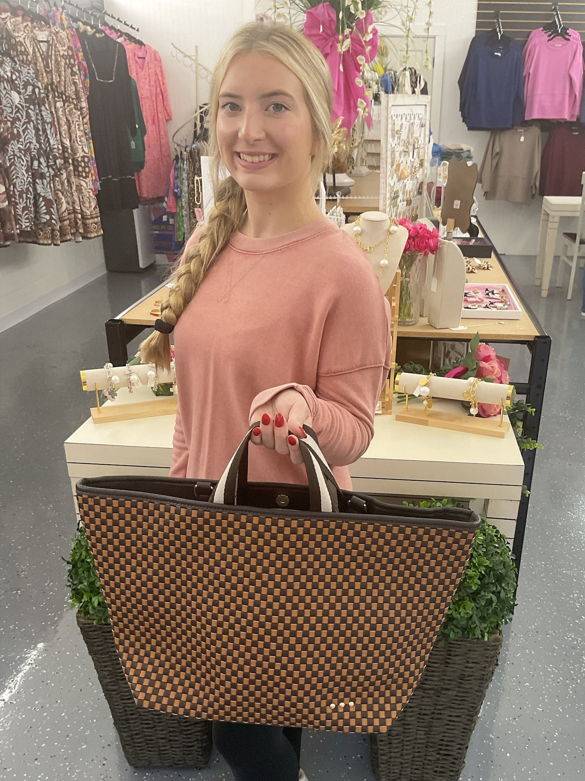 Woven Tiffany Organizer Tote Checkered Coffee