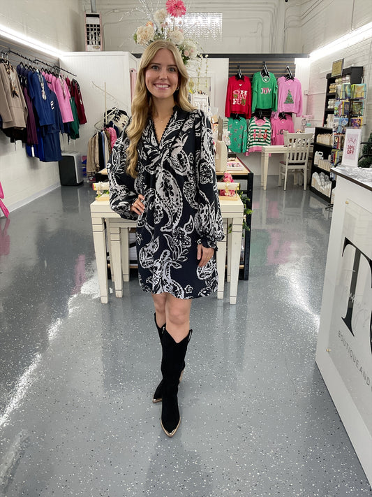 Black Paisley Floral V-Neck Babydoll Dress