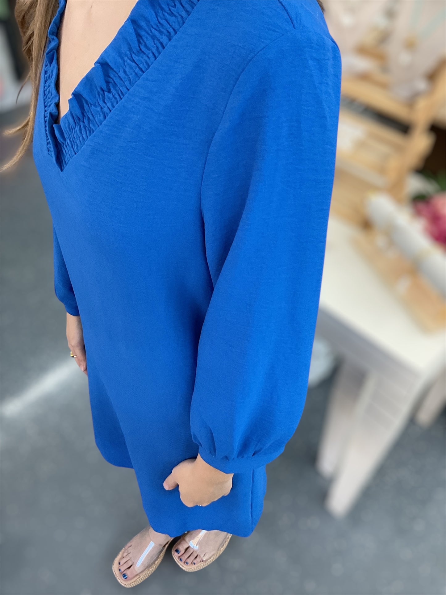 Blue Ruffle Neck Dress