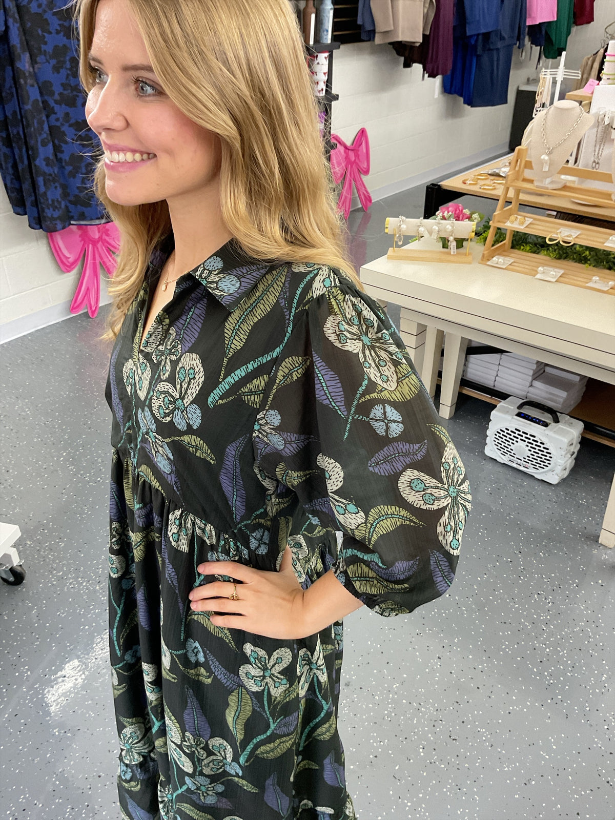 Hunter Green Mixed Floral Tiered Midi Dress