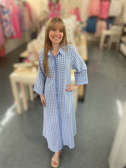Blue Gingham Collared Shirt Dress