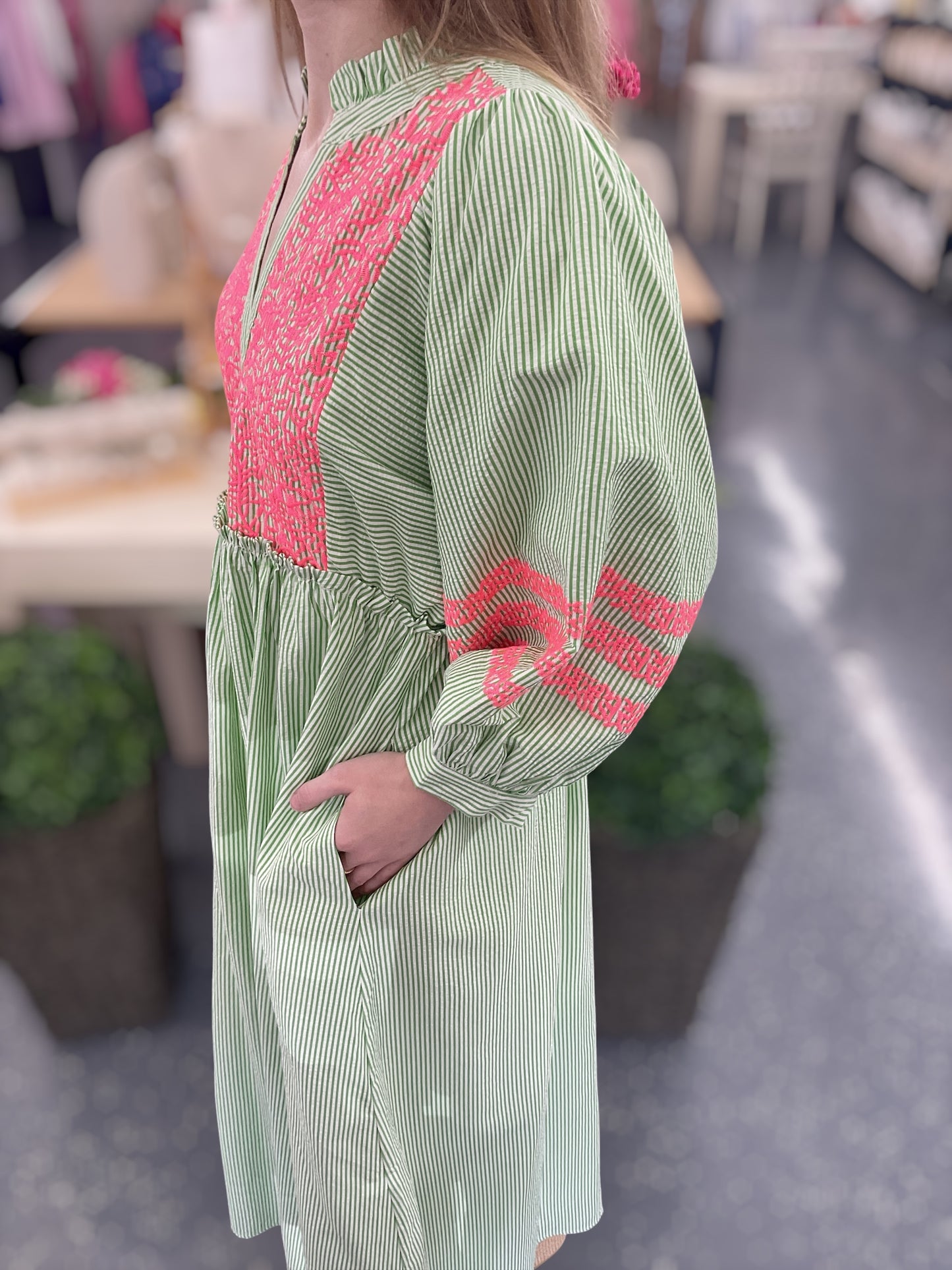 Green Palm Embroidered Dress
