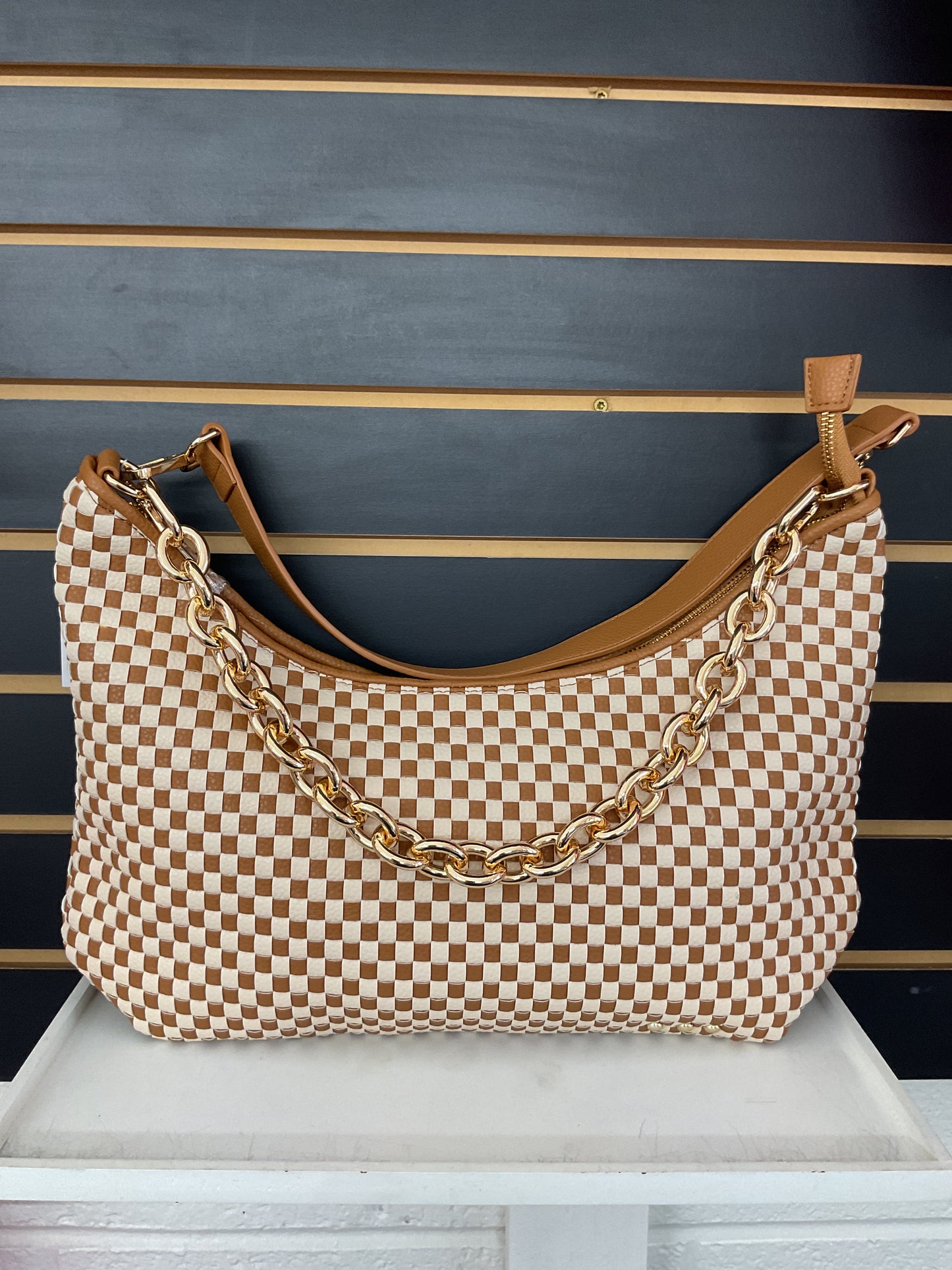Sienna Slouchy Woven Shoulder Bag Brown Checkered