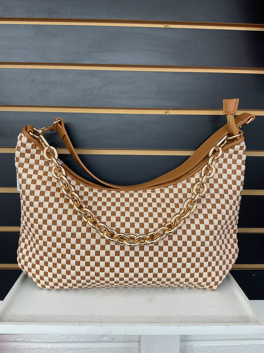 Sienna Slouchy Woven Shoulder Bag Brown Checkered