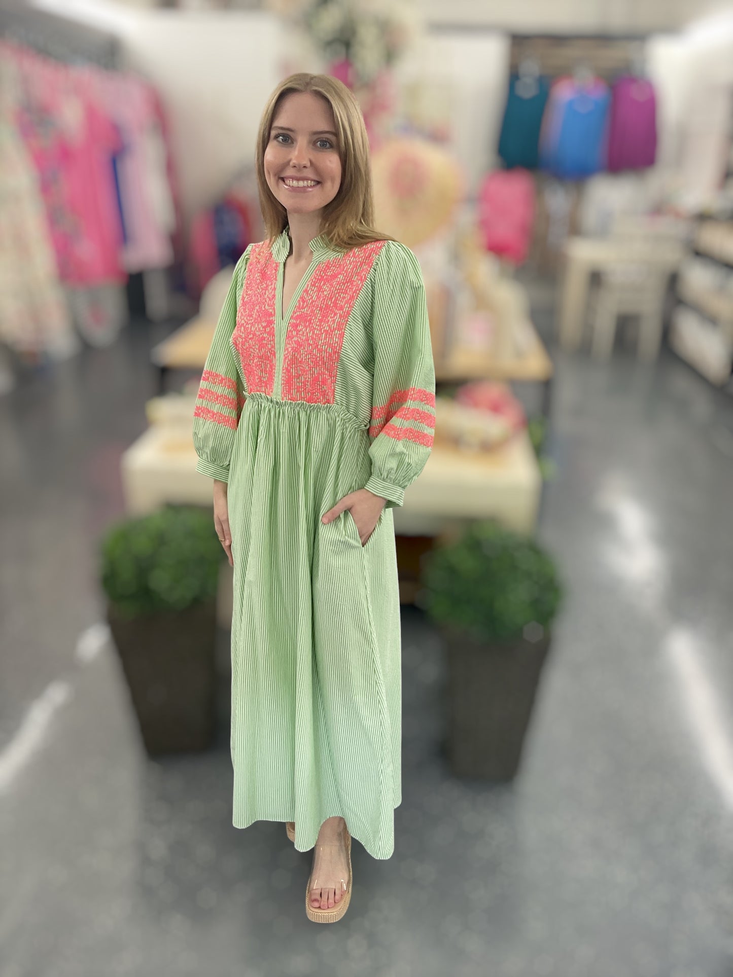 Green Palm Embroidered Dress