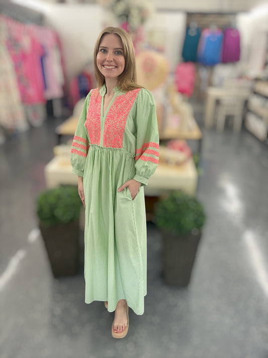 Green Palm Embroidered Dress