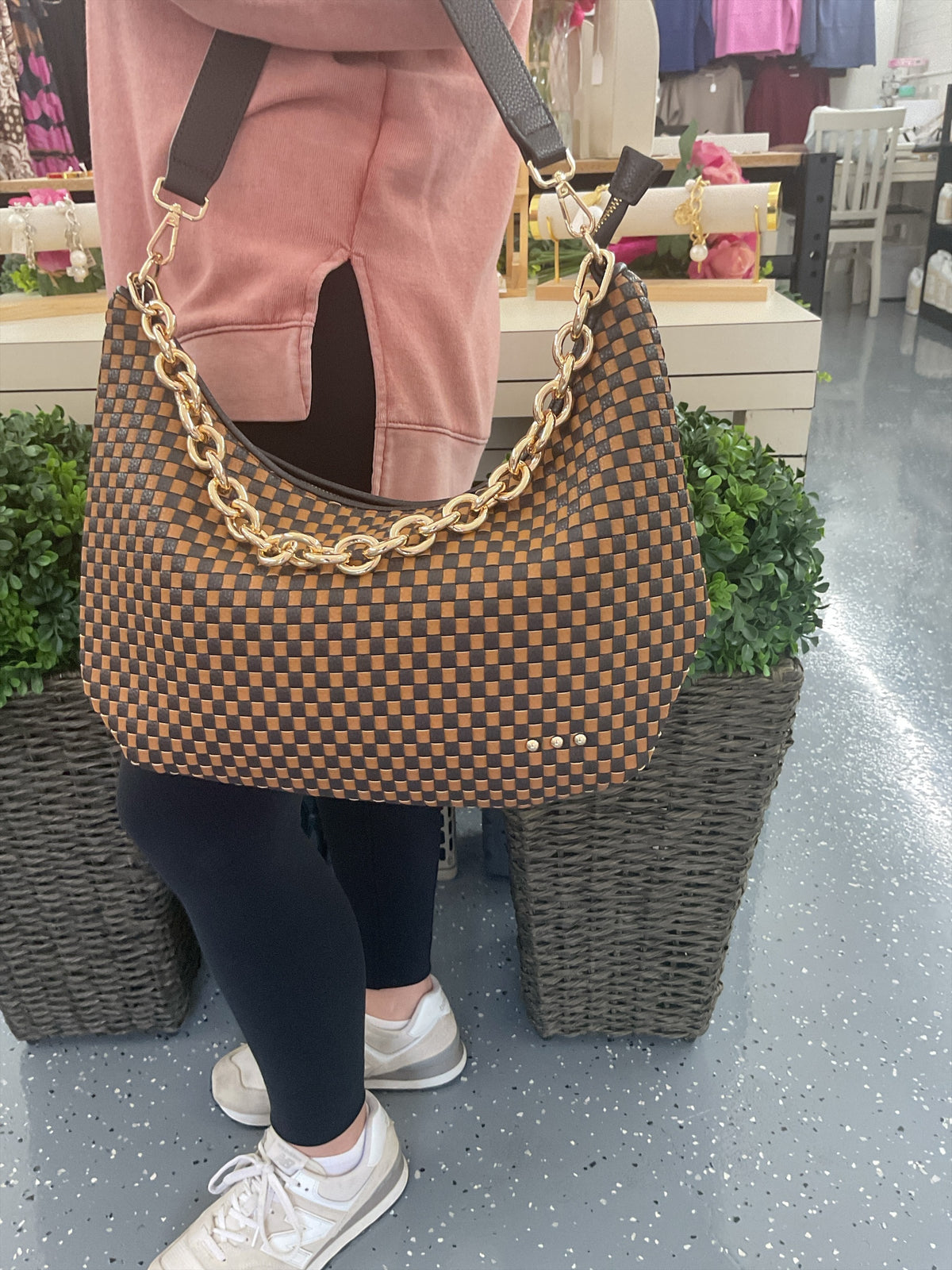 Sienna Slouchy Woven Shoulder Bag Checkered Coffee