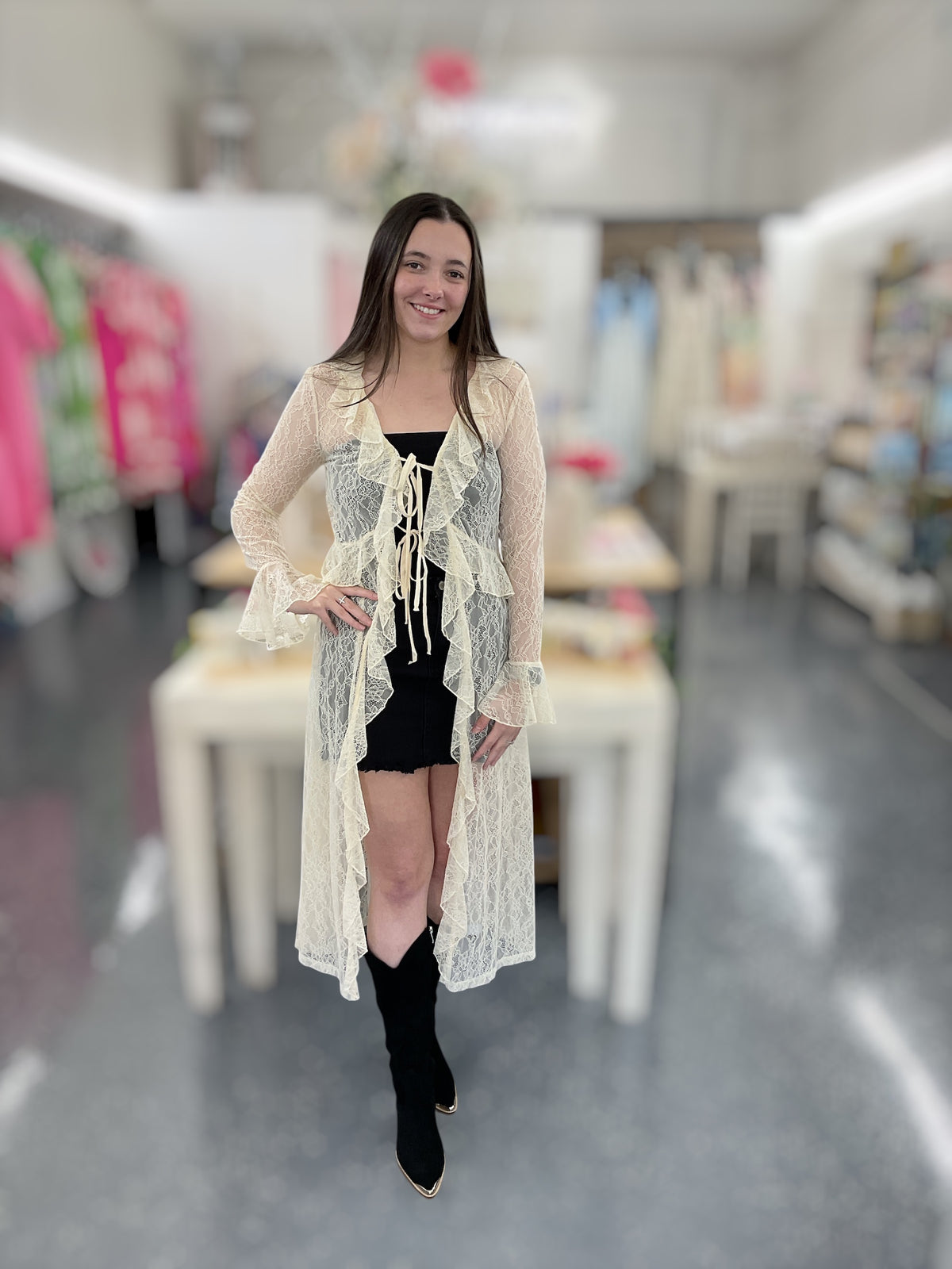 Cream Sheer Lace Ruffle Duster