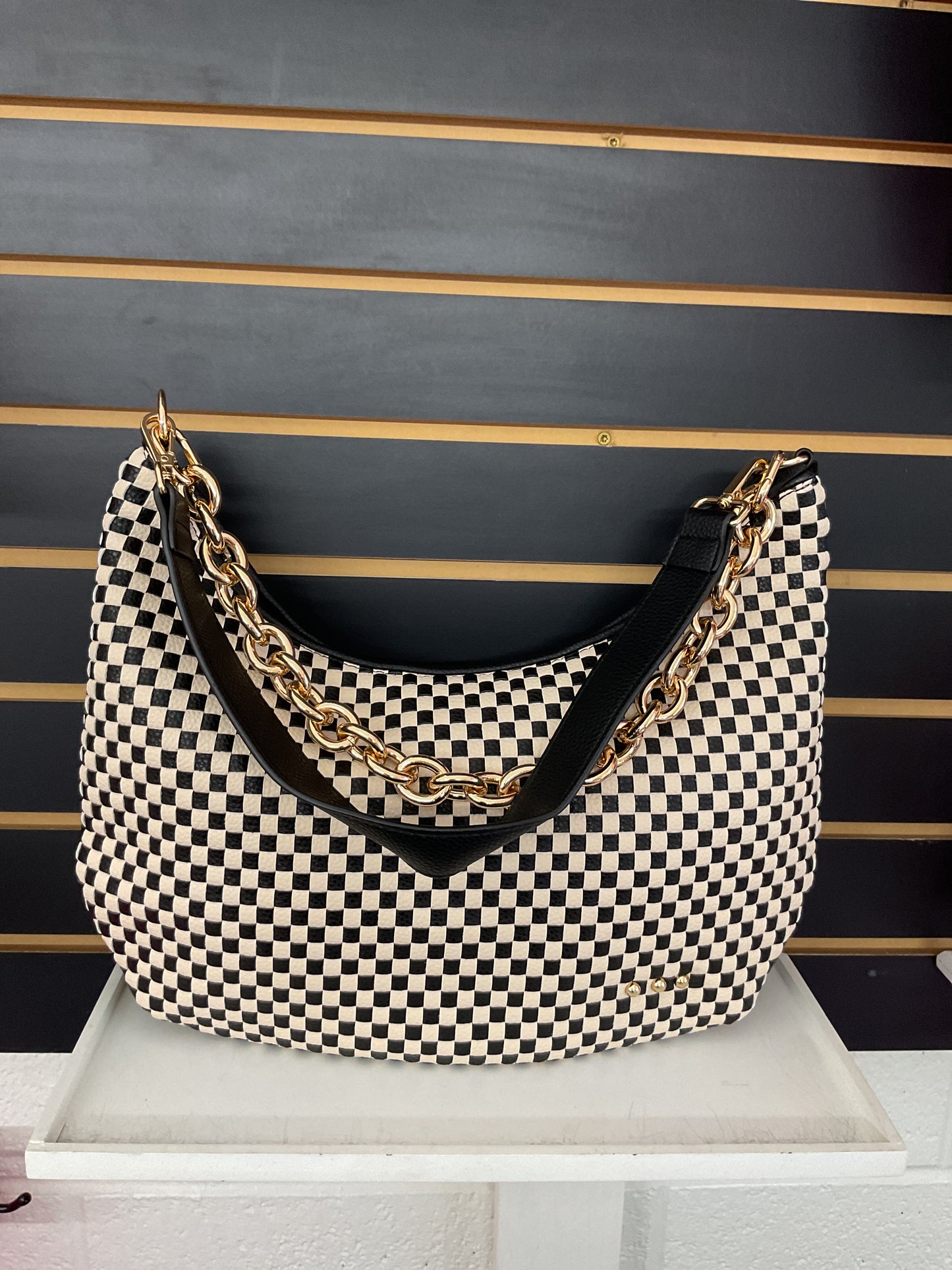 Sienna Slouchy Woven Shoulder Bag Black Checkered