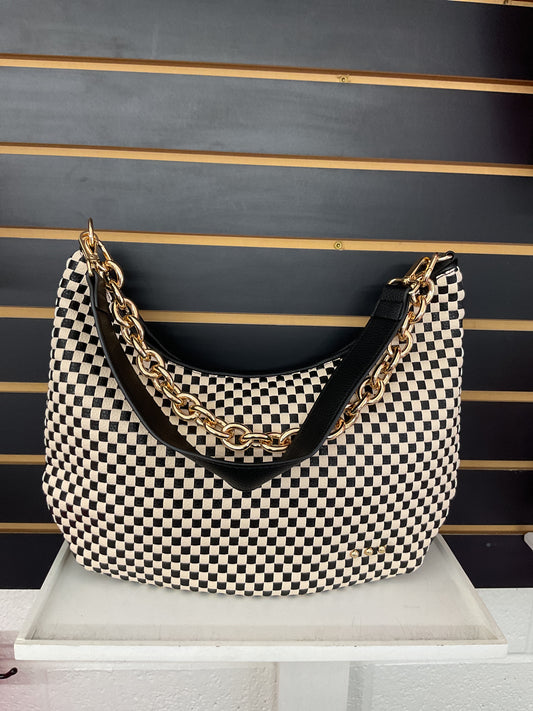 Sienna Slouchy Woven Shoulder Bag Black Checkered