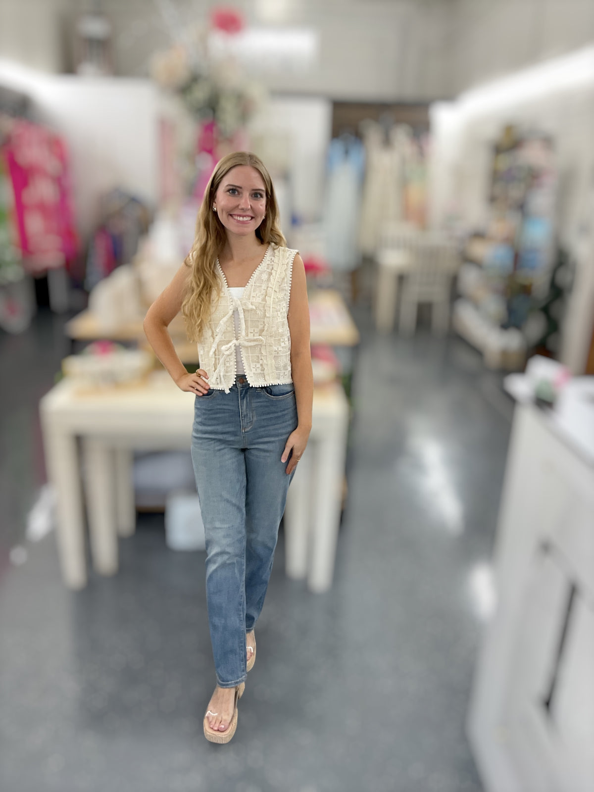 Ivory Embroidered Lace Front-Tie Vest