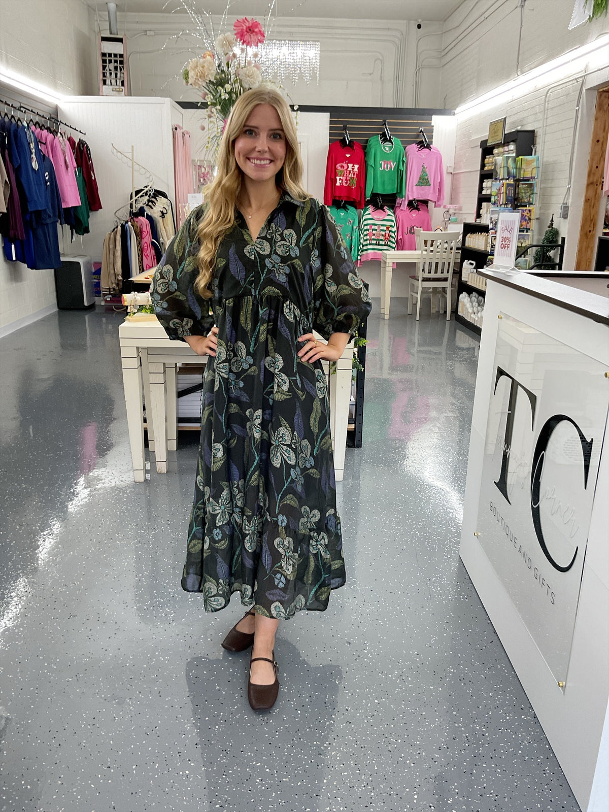Hunter Green Mixed Floral Tiered Midi Dress
