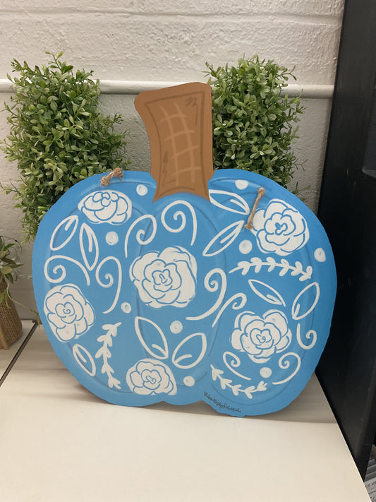 Blue Floral Pumpkin Door Hanger