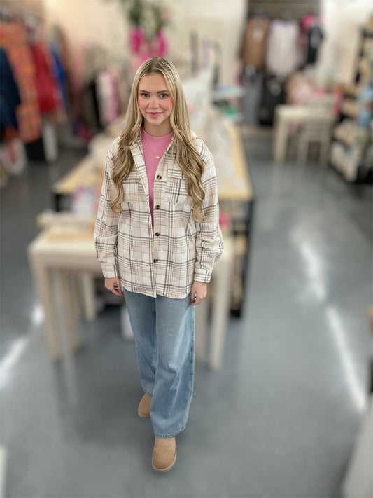Cream Plaid Button Shacket