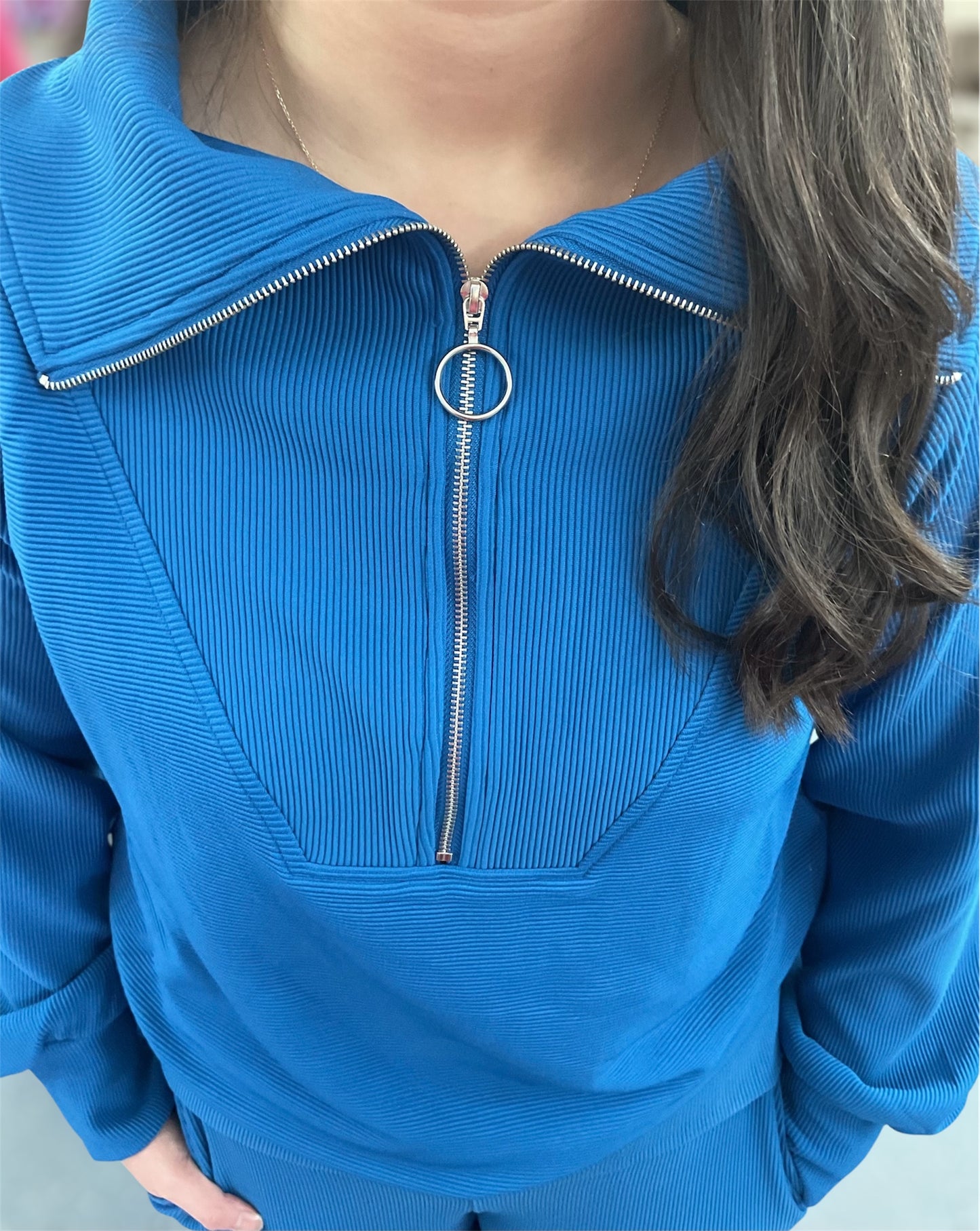 Blue Ribbed Zip Up Set