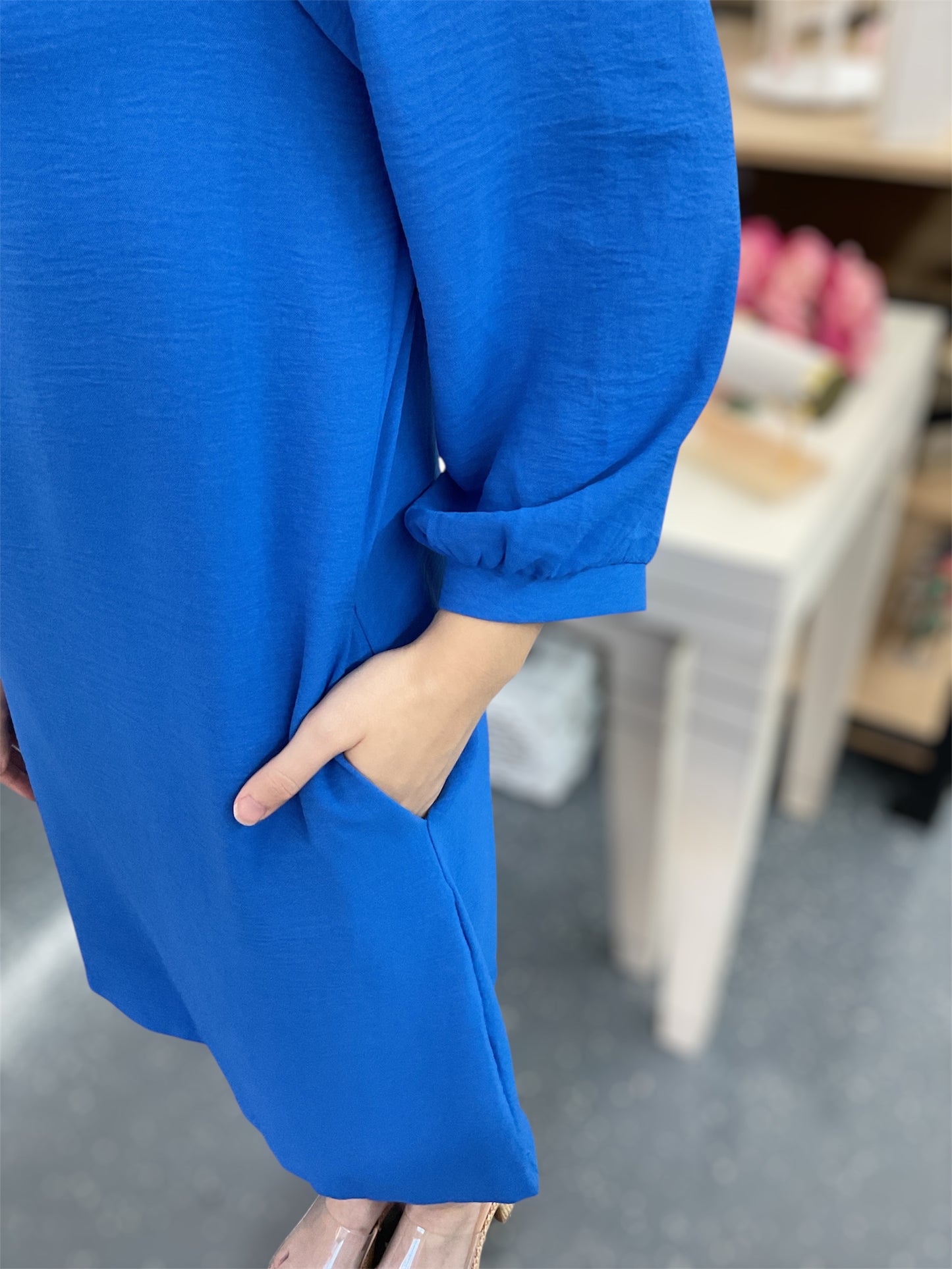 Blue Ruffle Neck Dress