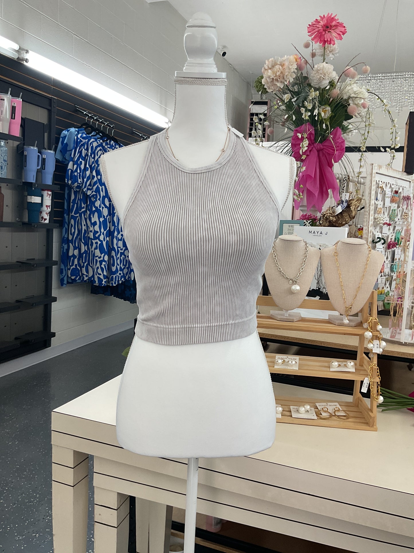 Sandstone Ribbed Crop Racer Back Tank