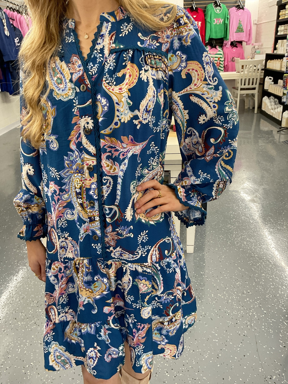 Teal Paisley Print Tiered Dress