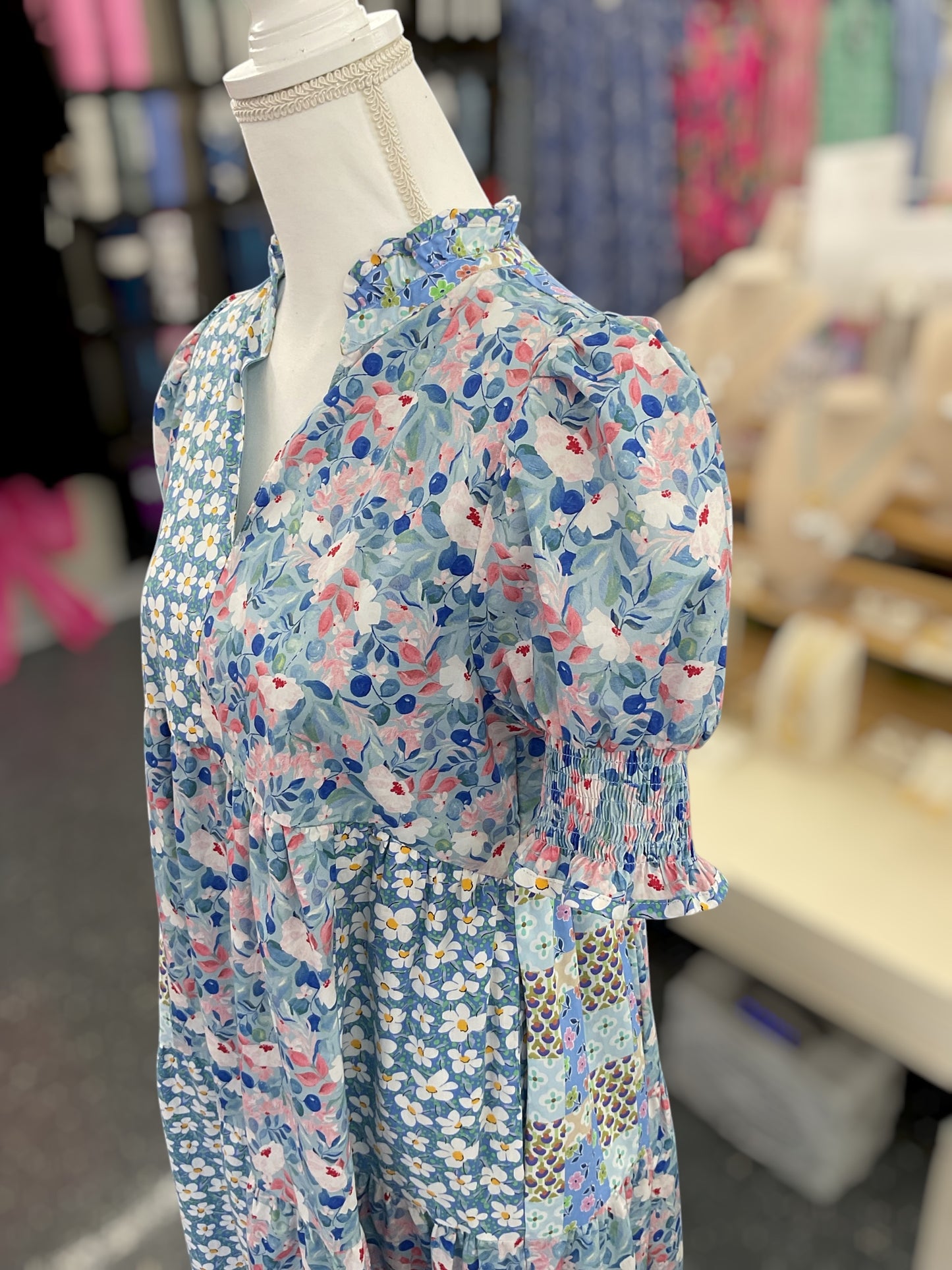 Sweet Meadow Blue Patchwork Midi Dress