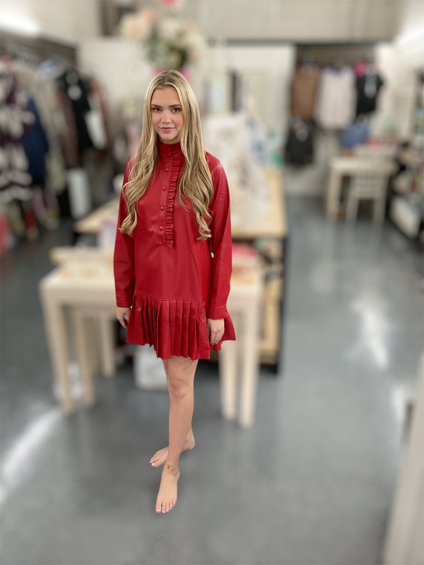 Red Leather Button Dress