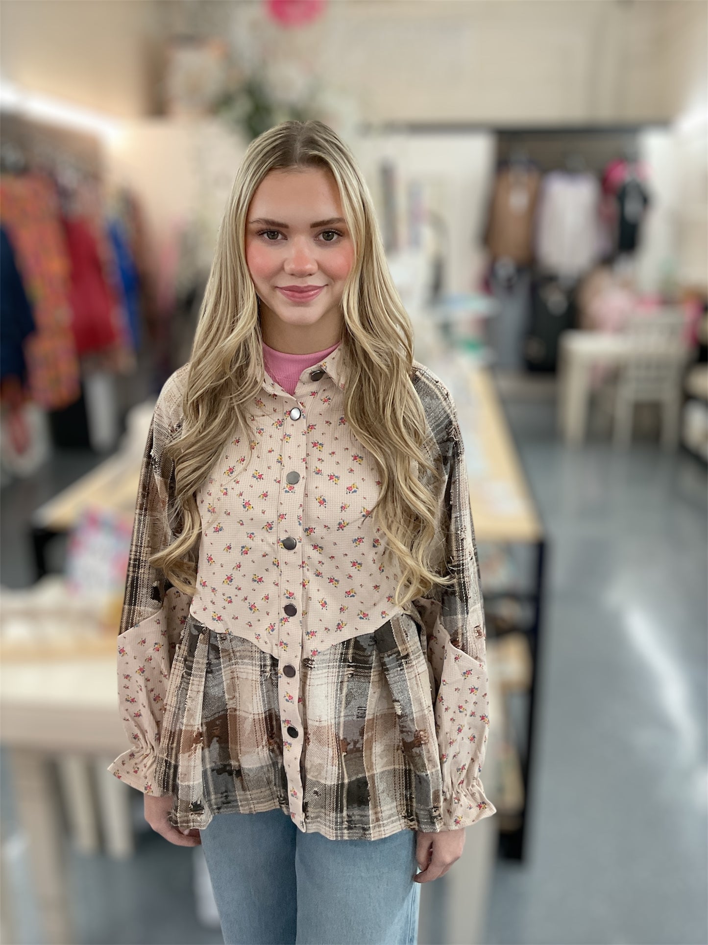 Brown Patchwork Floral Shacket