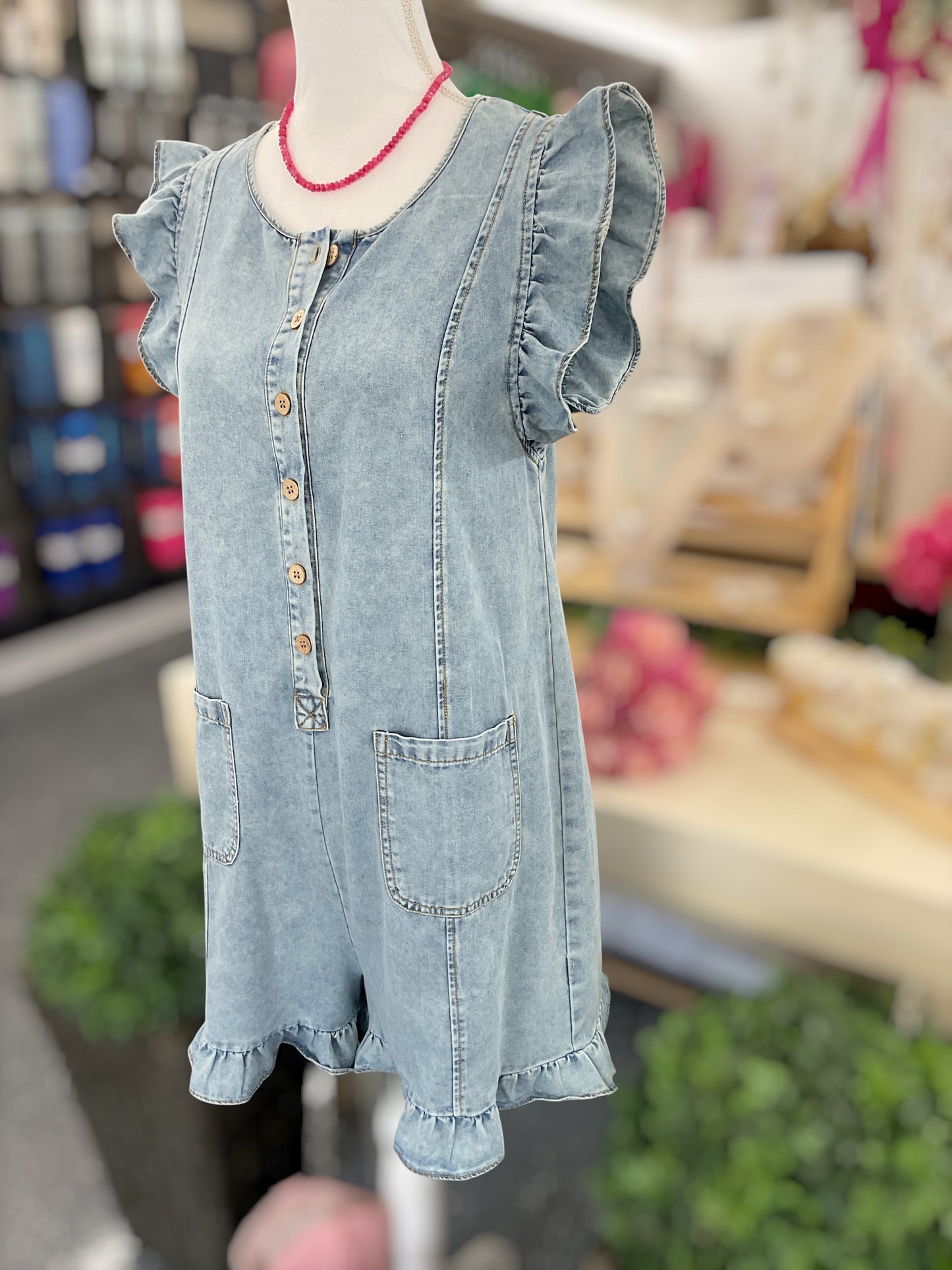 Denim Ruffle Sleeve Romper