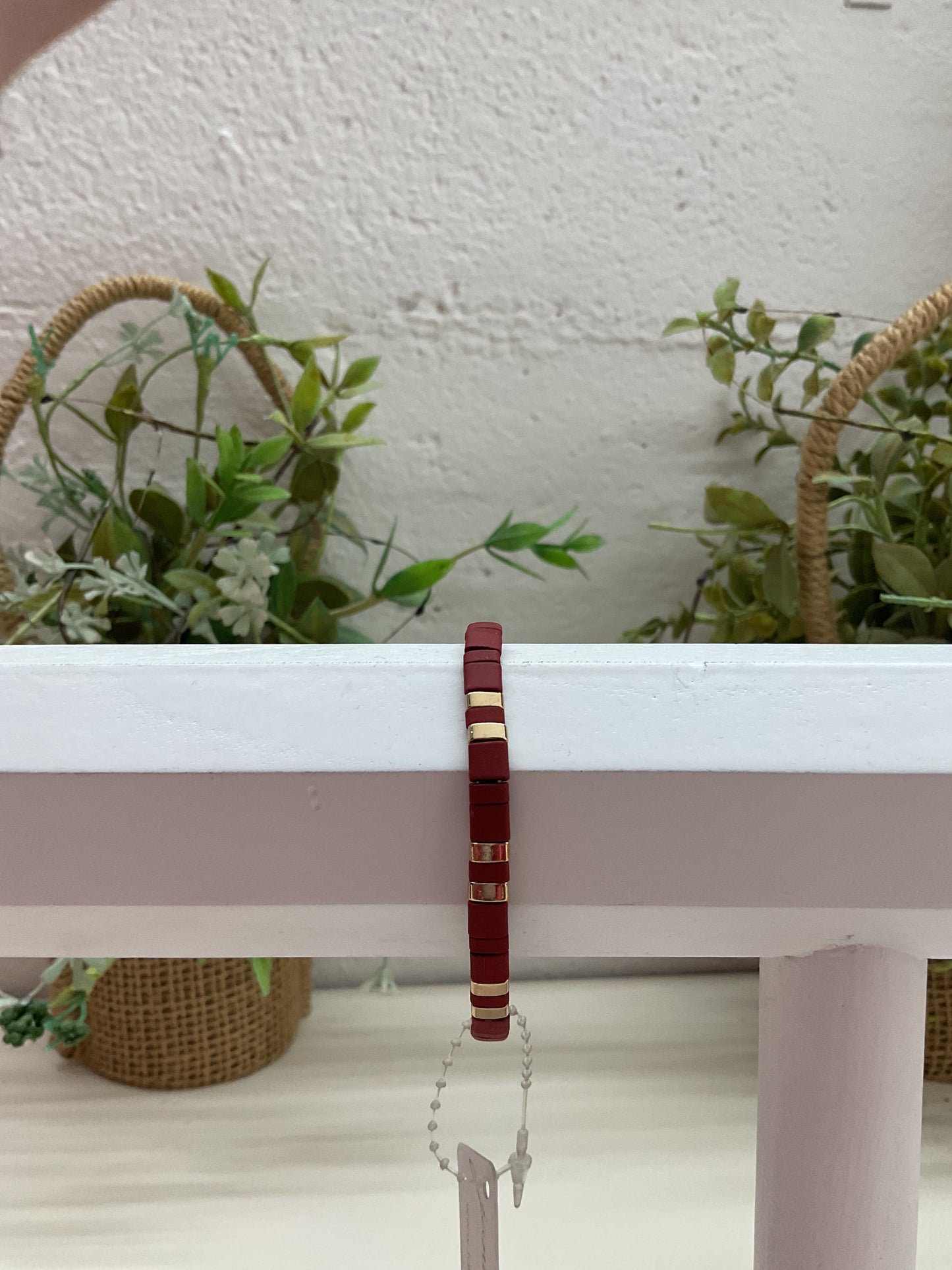 JM Maroon Gold Flat Beaded Bracelet