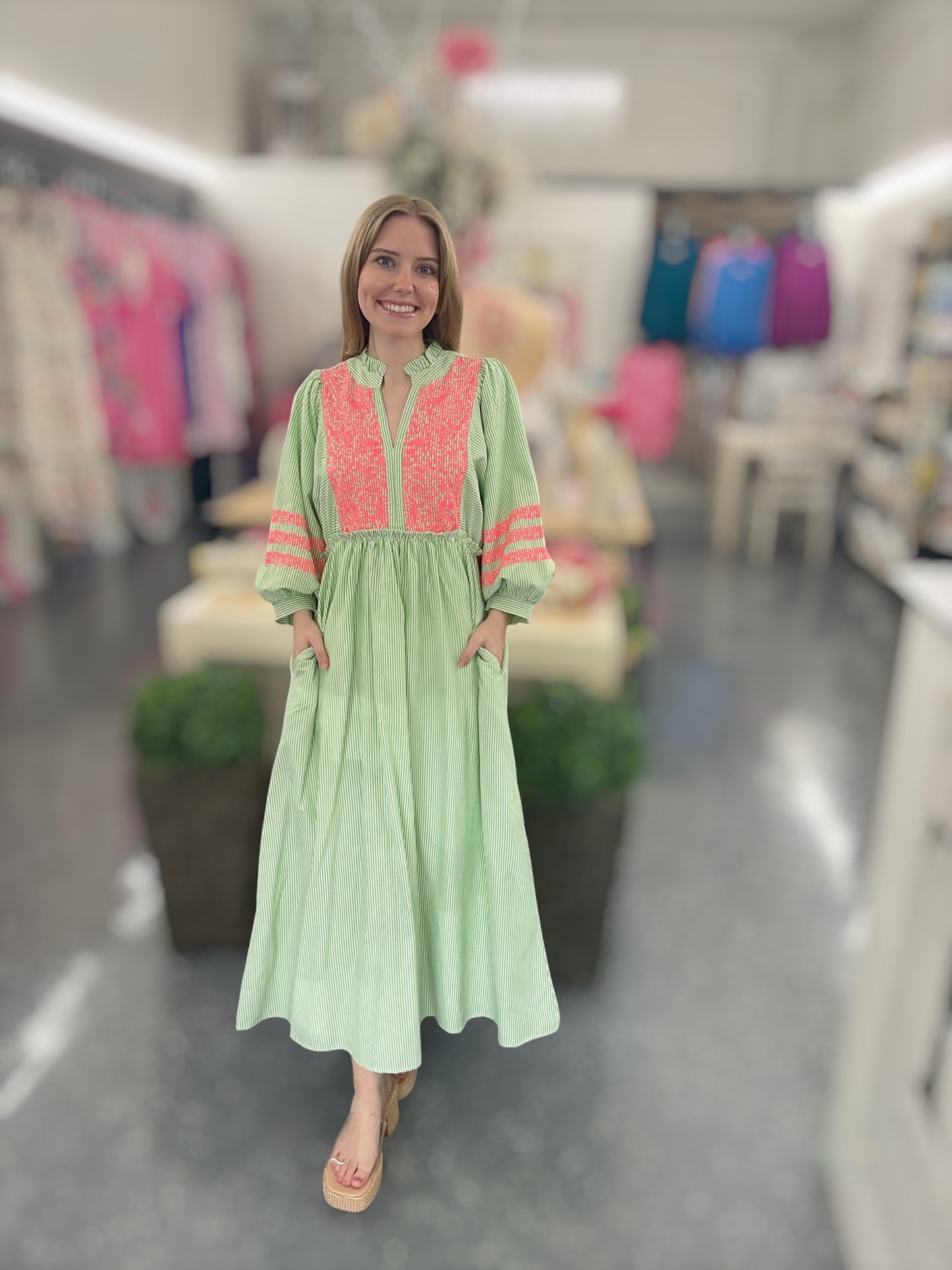 Green Palm Embroidered Dress