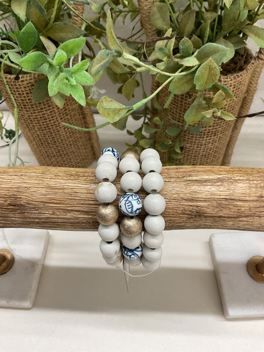 Trio Wood Beaded Blue Accent Bracelet