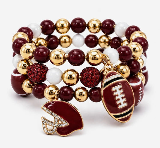 Burgundy/White Football Charm Coil Bracelet