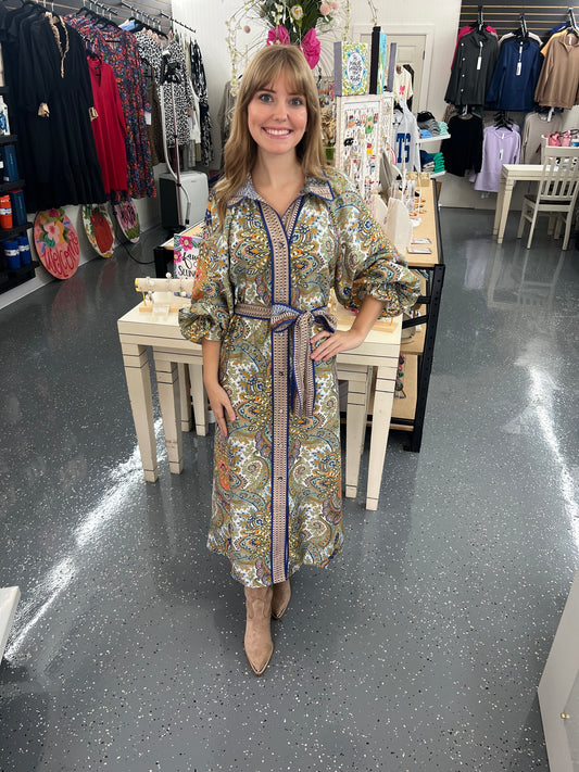 Paisley Mixed Print Belted Dress