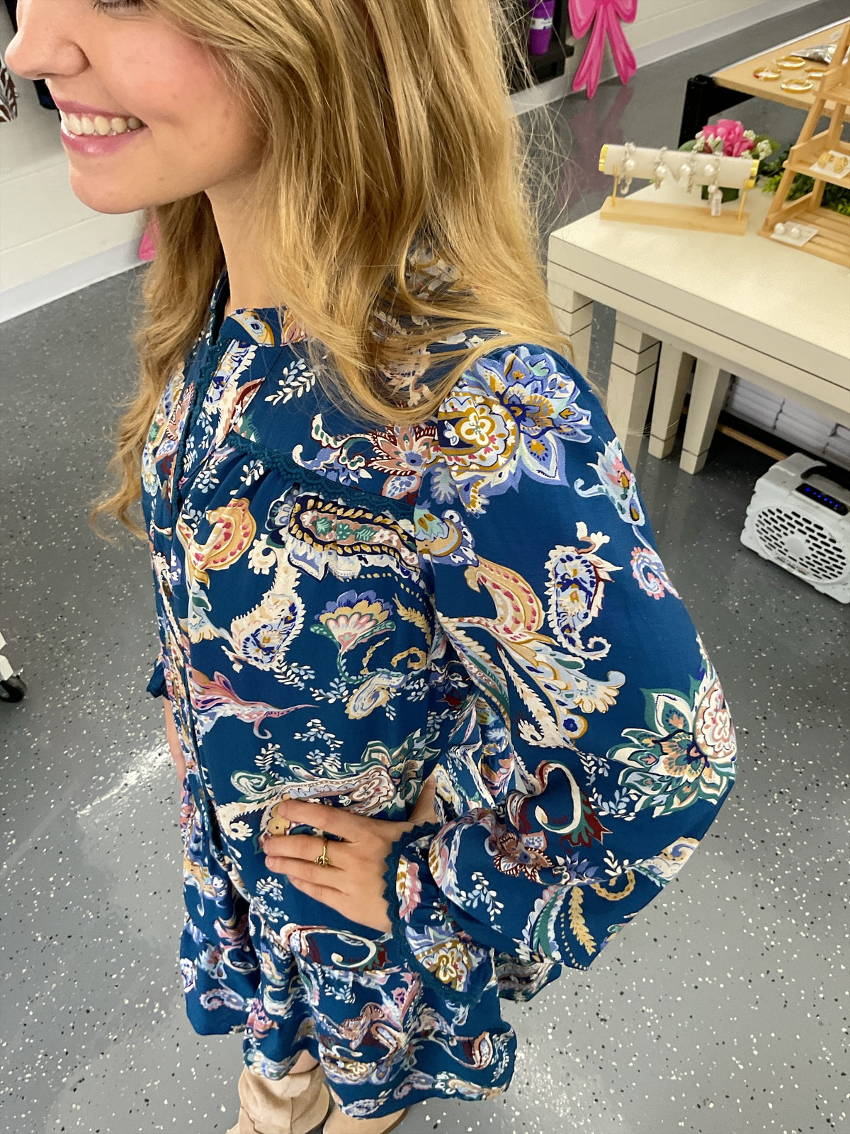 Teal Paisley Print Tiered Dress