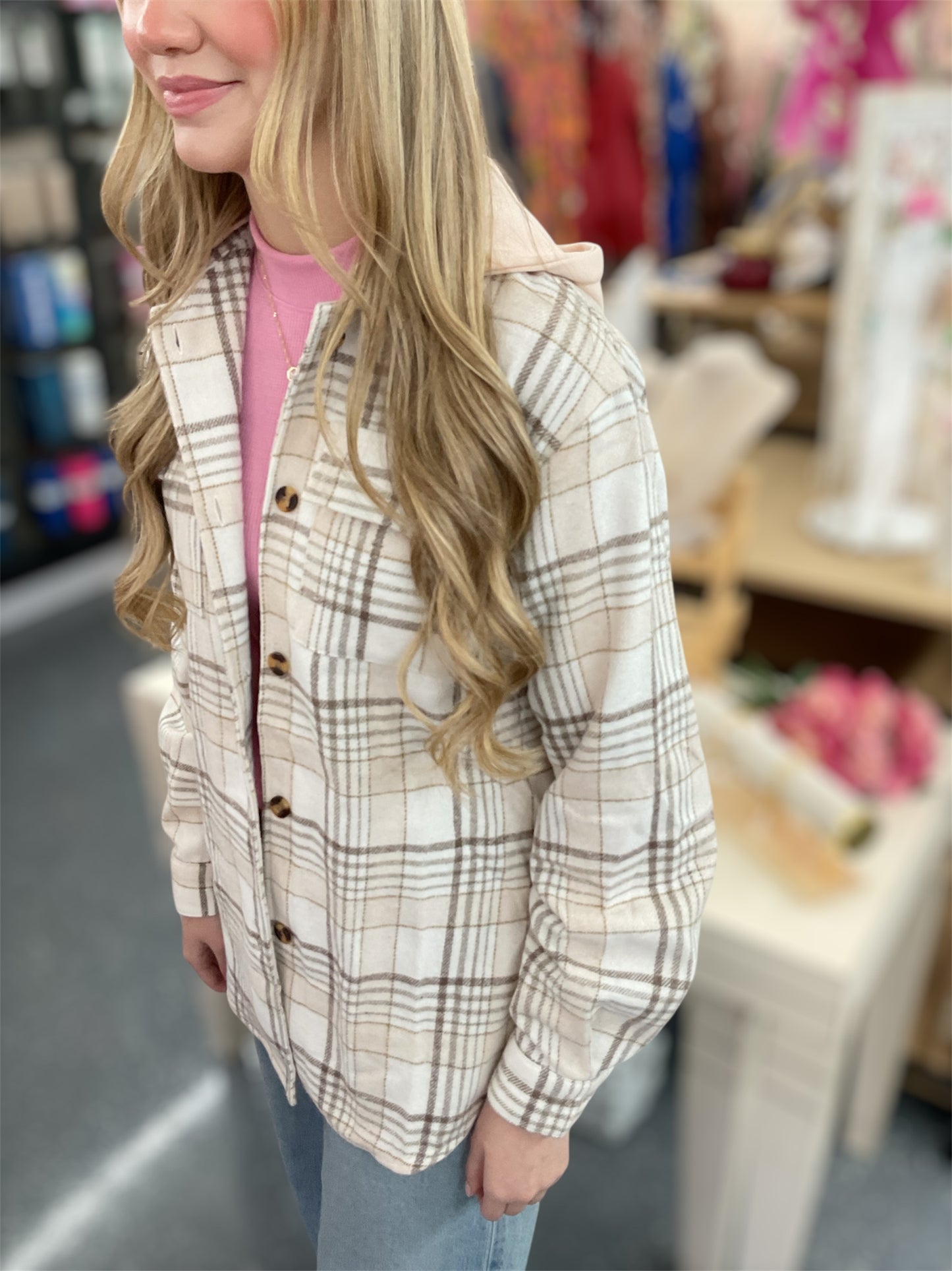 Cream Plaid Button Shacket