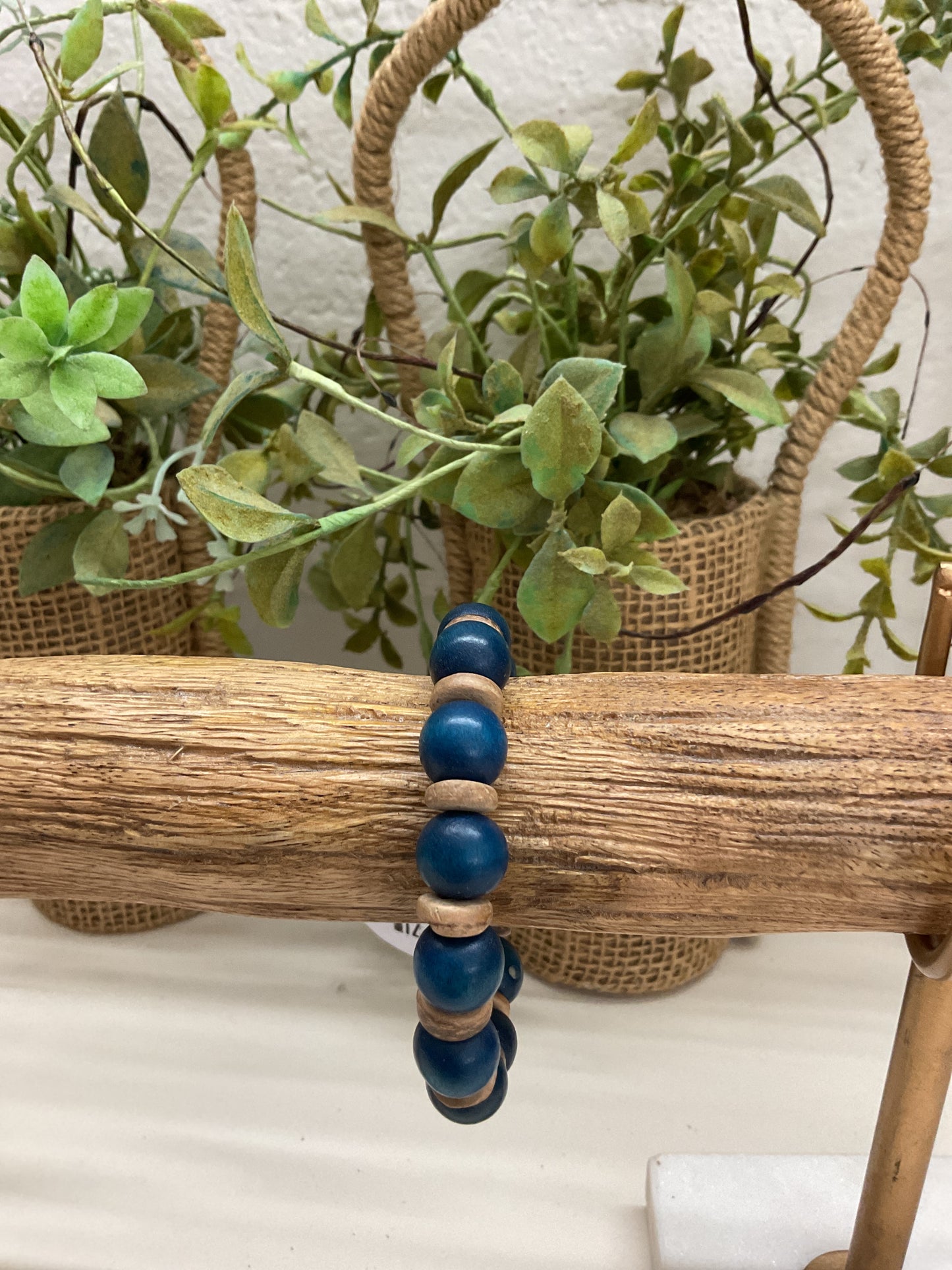 Navy/Wood Beaded Bracelet
