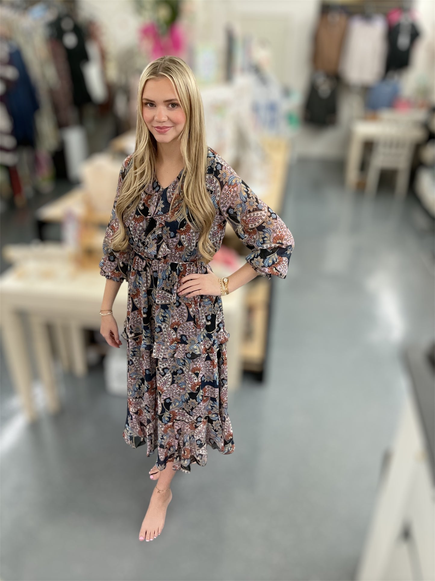 Navy Paisley Print Dress