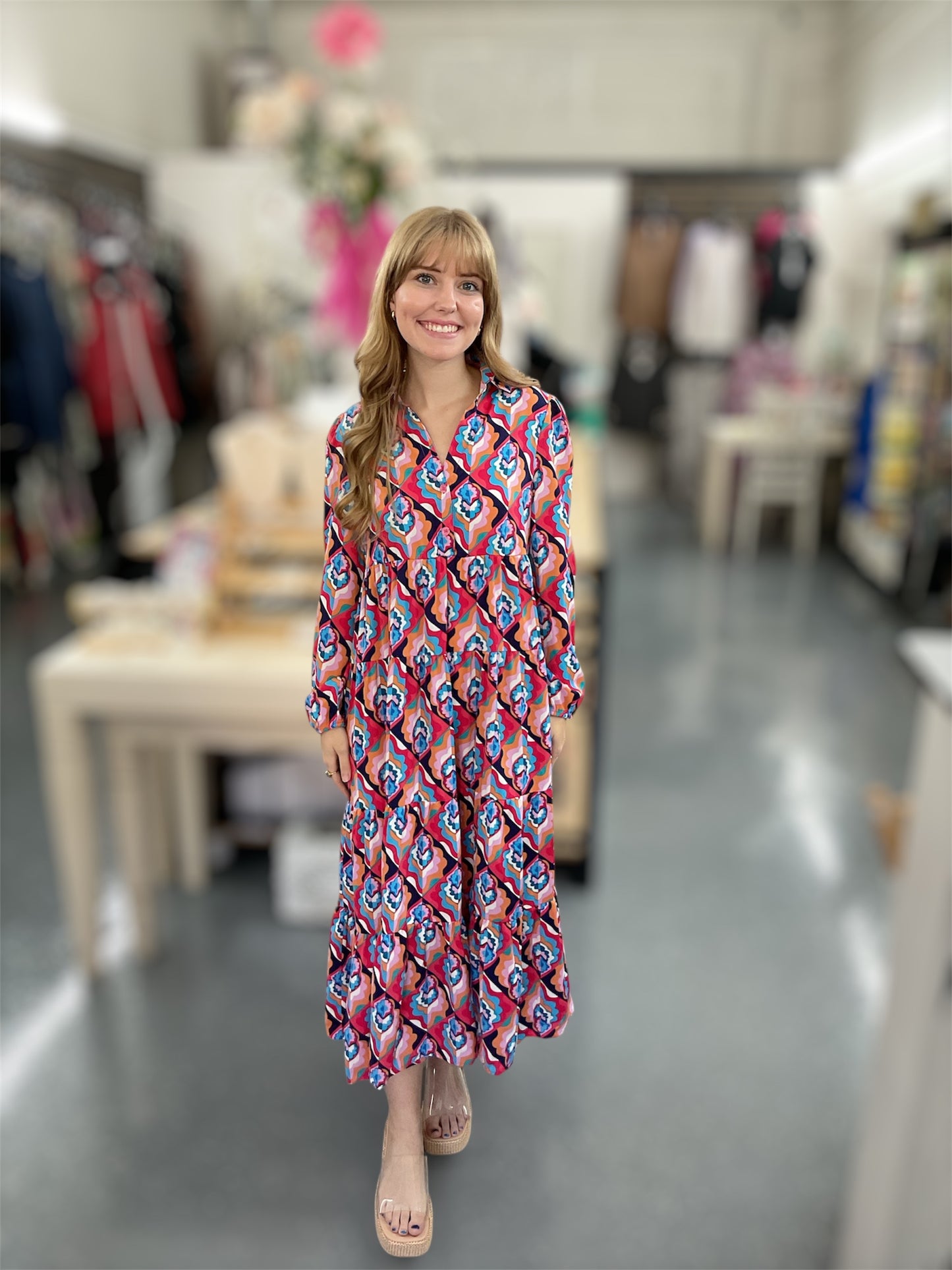 Patterned Multicolor Navy and Pink Dress