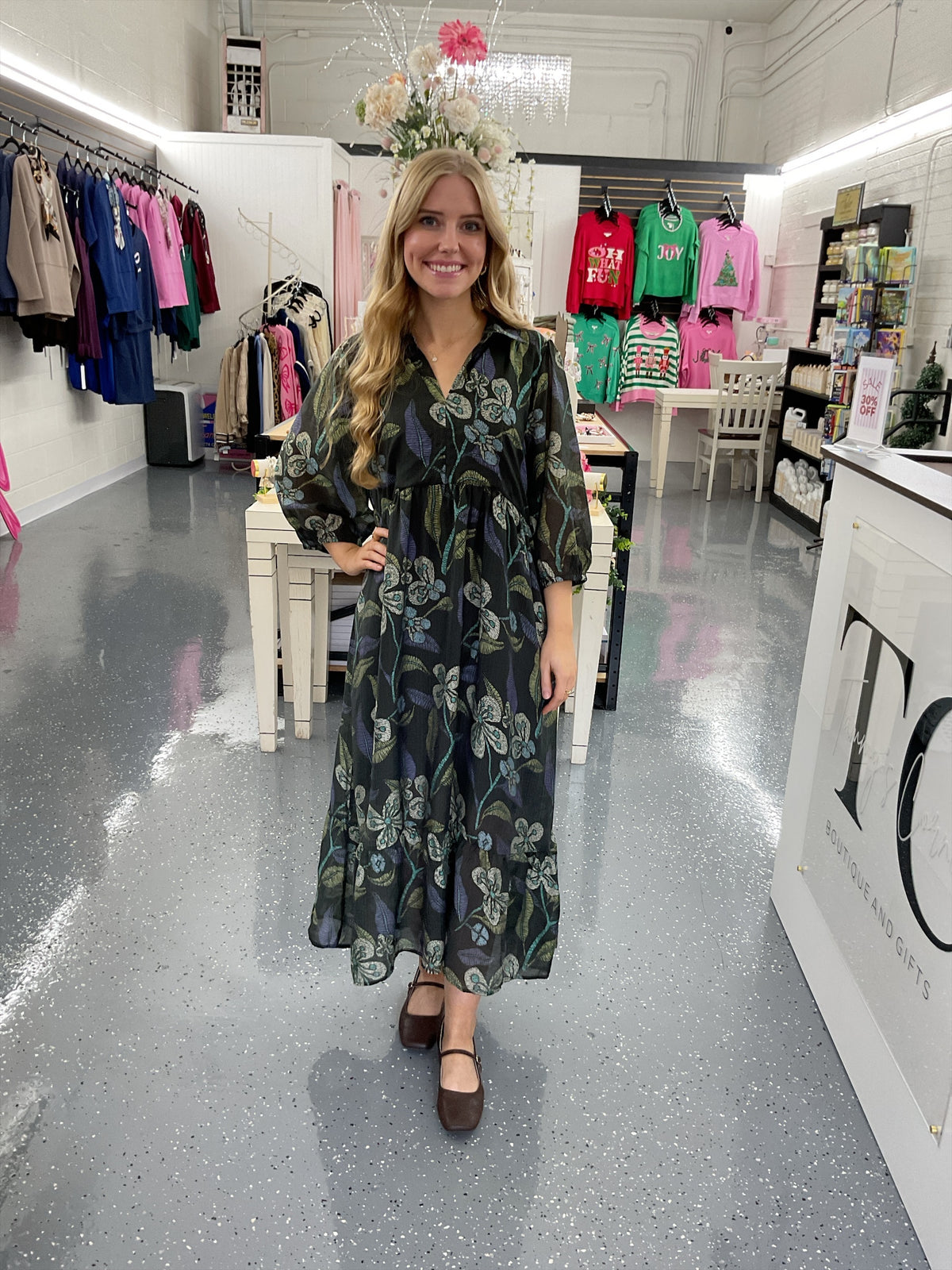 Hunter Green Mixed Floral Tiered Midi Dress