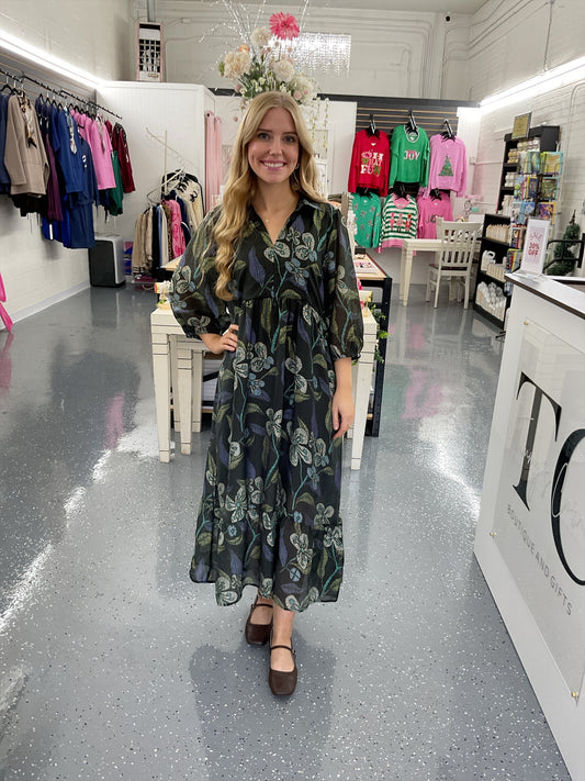 Hunter Green Mixed Floral Tiered Midi Dress