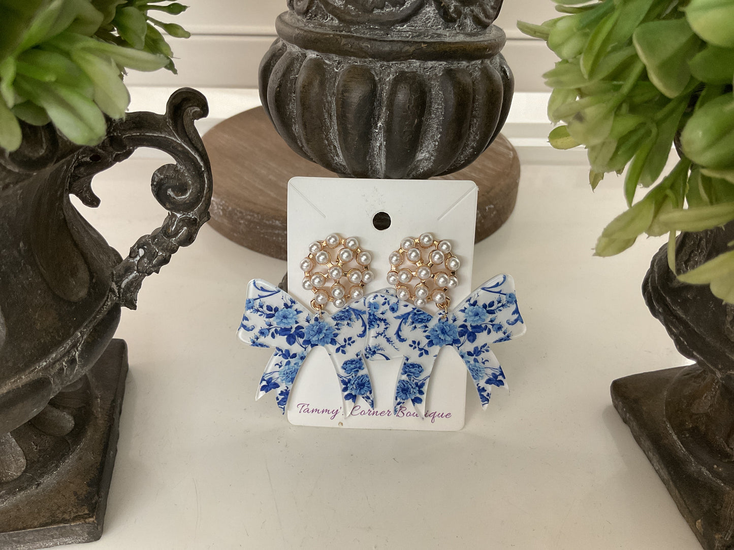 Blue Bow and Pearl Earrings