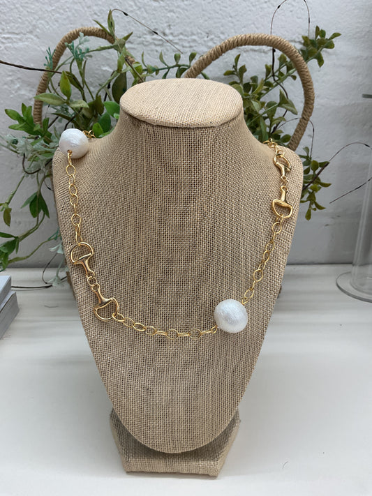 Gold Horsebit and Cotton Pearl Necklace