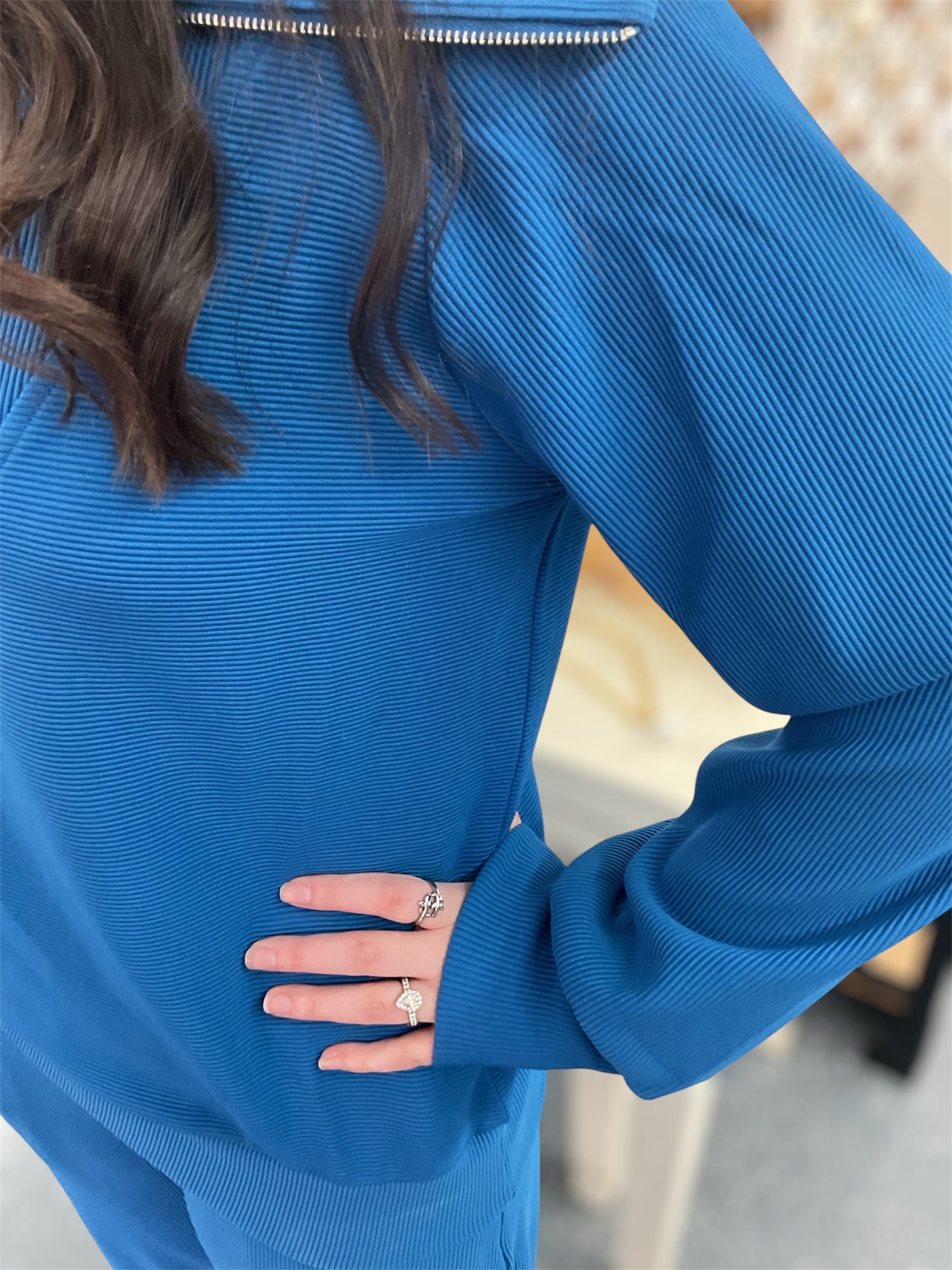 Blue Ribbed Zip Up Set