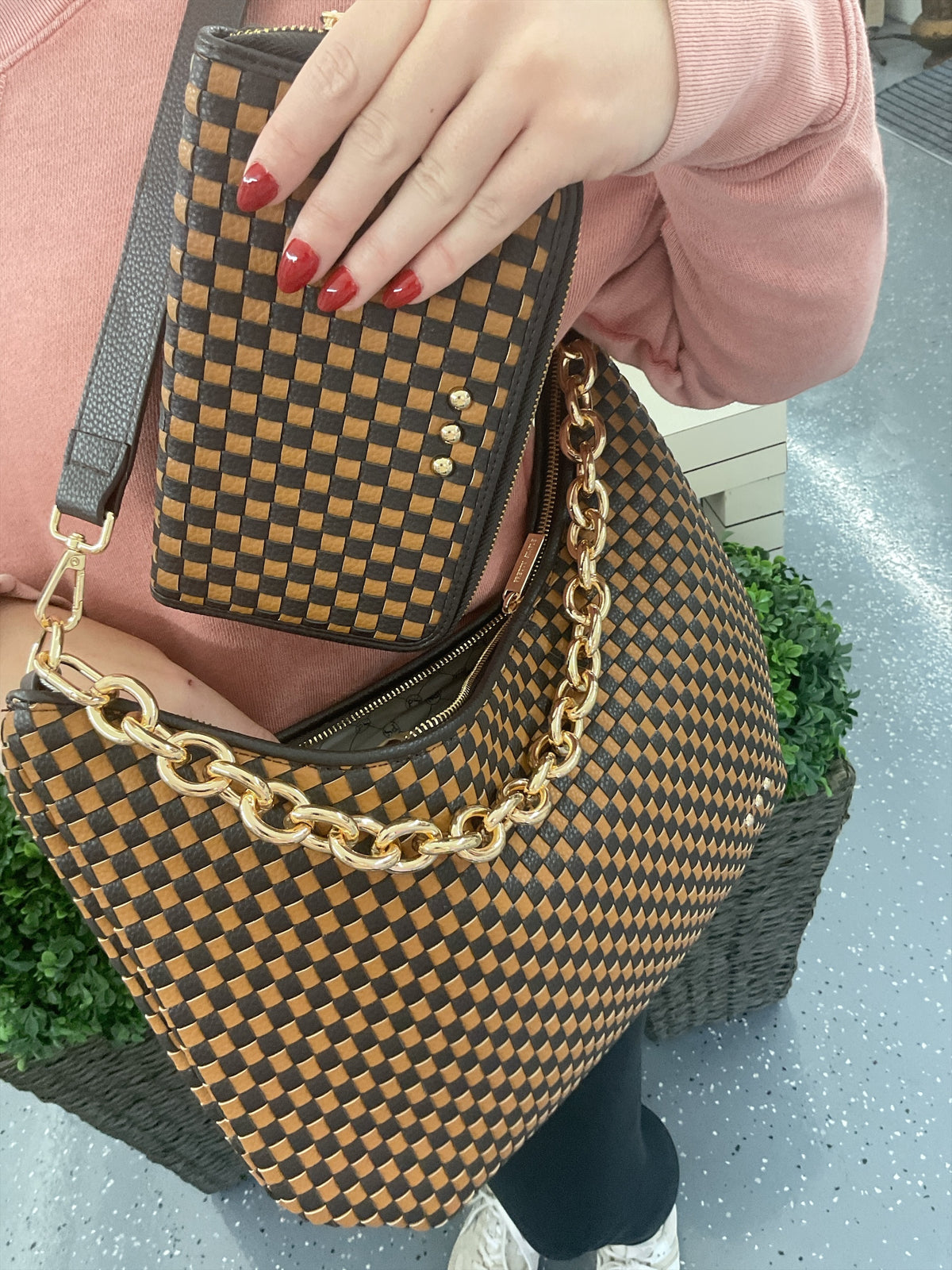 Sienna Slouchy Woven Shoulder Bag Checkered Coffee