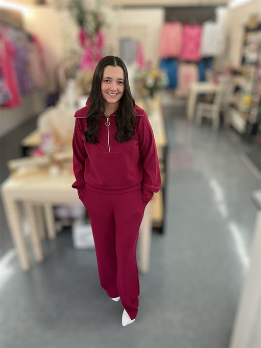 Burgundy Ribbed Zip Up Set