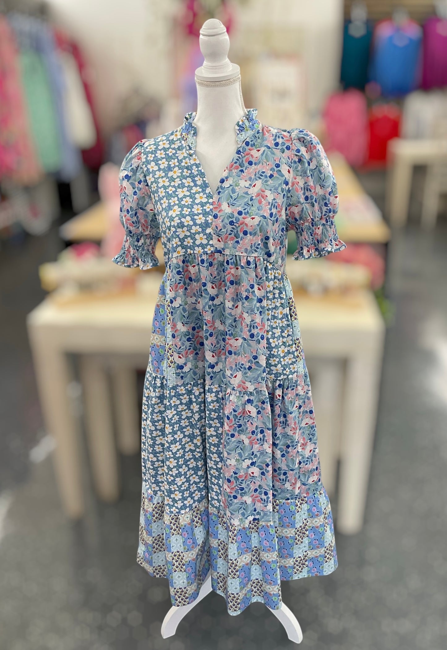 Sweet Meadow Blue Patchwork Midi Dress