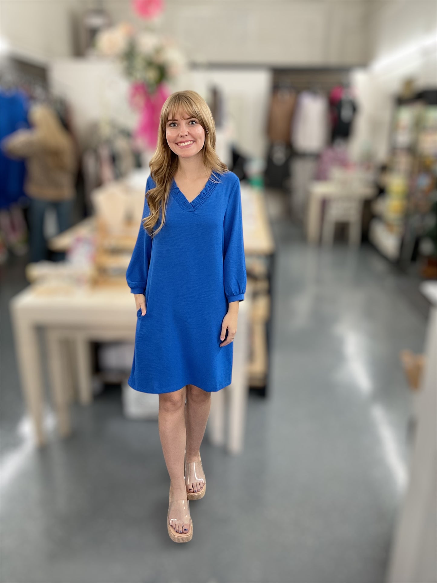 Blue Ruffle Neck Dress