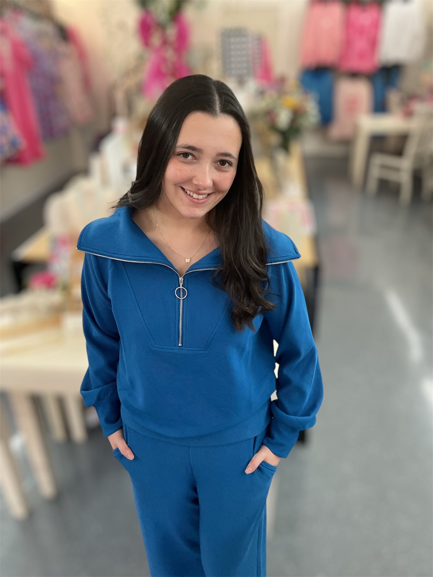 Blue Ribbed Zip Up Set