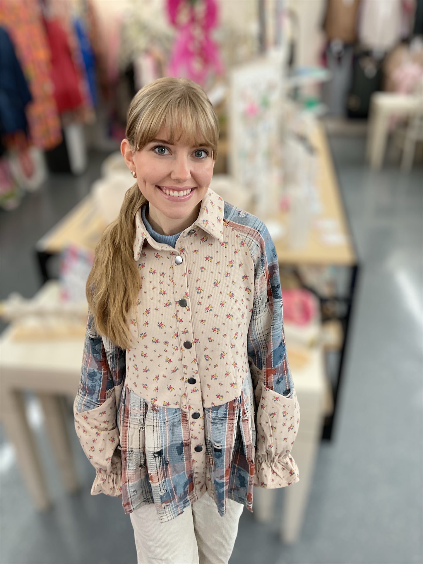 Blue Patchwork Floral Shacket